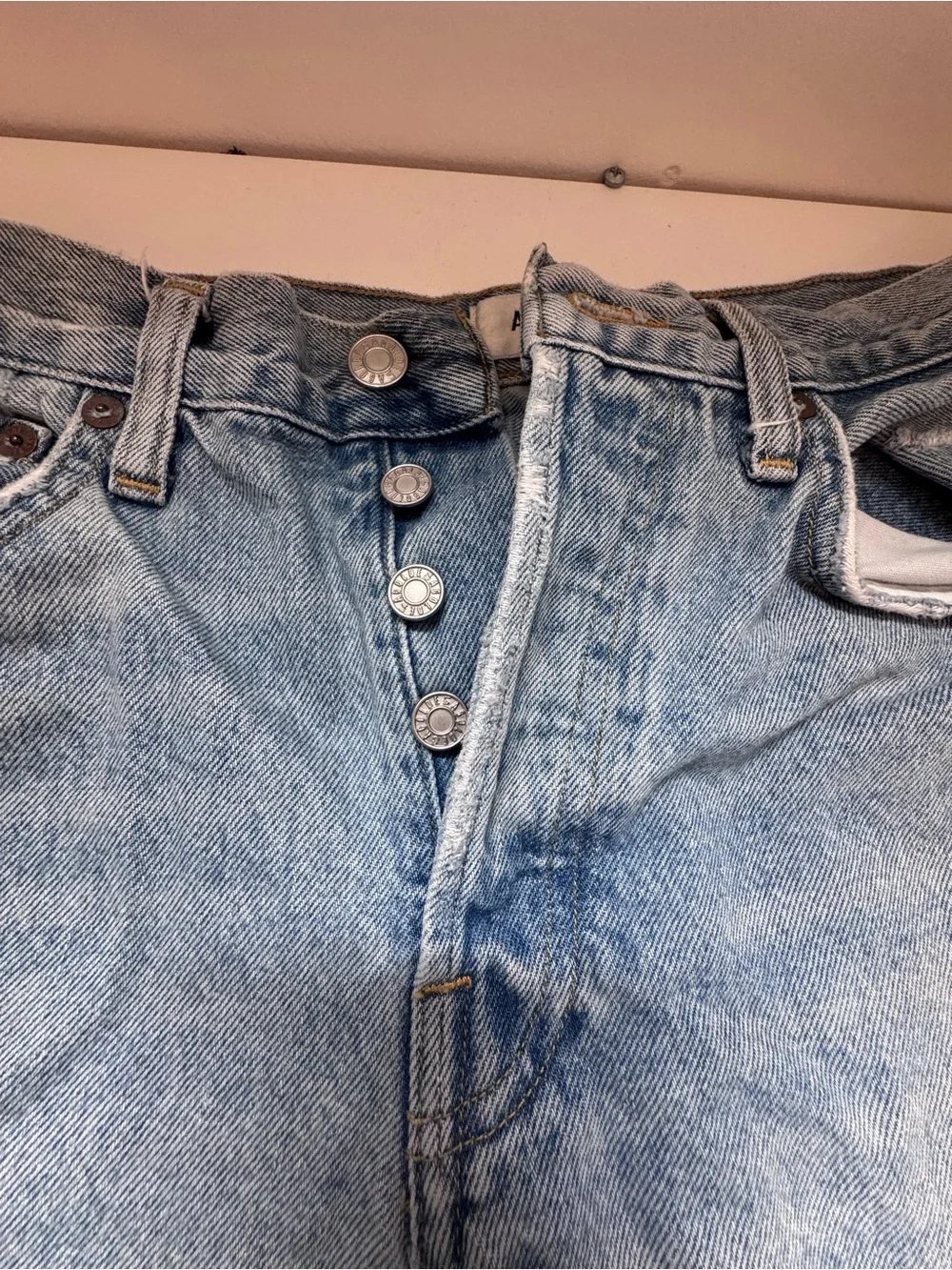 Agolde Light Blue Distressed High-Rise Denim Shorts- Parker Long